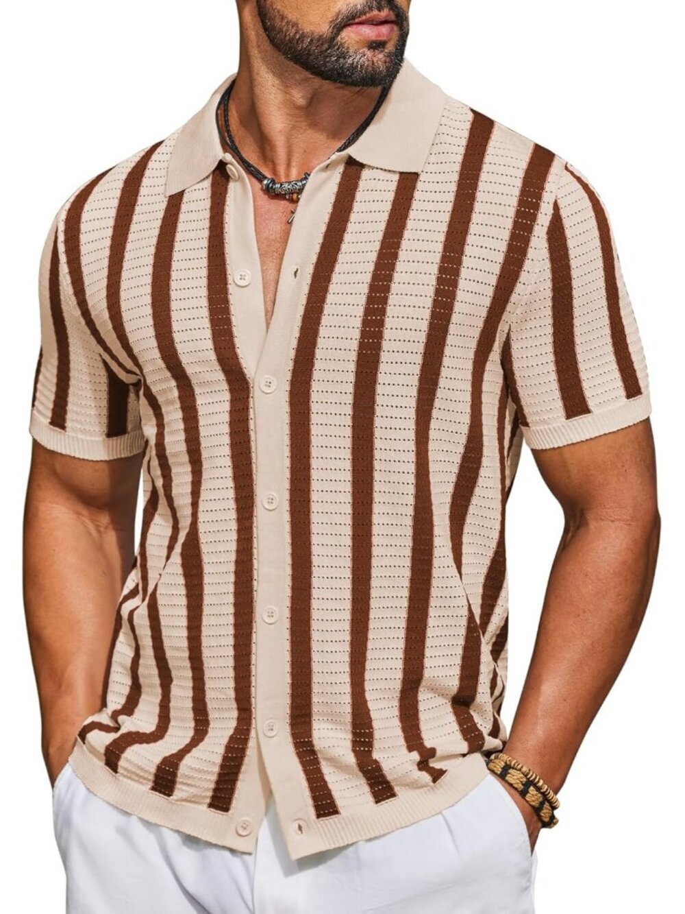 Men's Caramel Knit Short Sleeve Button Down Polo Striped Casual Beach Shirt